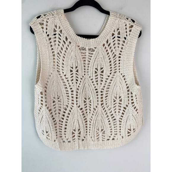Zara Womens Crochet Crop Tank Top L Cream Vest Coastal Boho Open Knit Festival - Picture 5 of 8